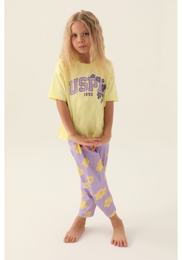 U.s. Polo Assn Lisanslı Floral Pattern Kız Çocuk Pijama Takımı Açık Sarı
