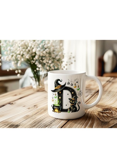 D Harfli Halloween Kedili Figür Kupa Bardak - Şapkalı Ve Kazanlı İsme Özel Kupa - Hediye 07 Beyaz