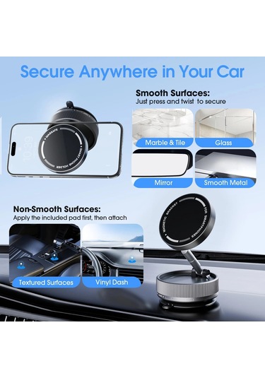 Wezone K10a Siyah Manyetik Araç Tutucu - 360 Döner, Vakum Emici, Katlanabilir, Magsafe Uyumlu Siyah