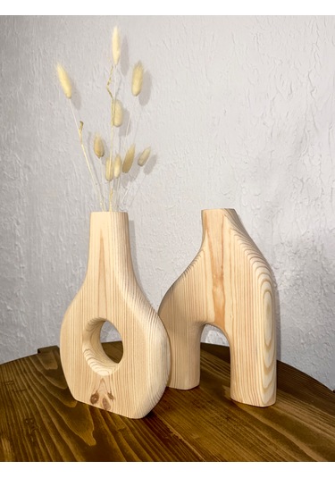 O&a Wood Doğal Ahşap Dekoratif Ikili Takım Biblo Vazo Renksiz