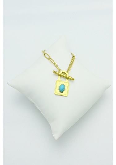 Altın Kaplama Seri Kararmaz Turkuaz Taşlı Kilit Çelik Bilek Gold Altın