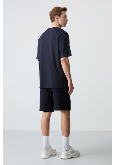Lacivert Pamuklu Kalın Yumuşak Dokulu Oversize Fit Basic Erkek Şort Takım - 85259