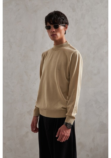 Erkek Yarım Balıkçı Oversize Basıc Triko Kazak Krem