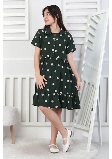 Papatya Desenli Kız Çocuk Elbise Yeşil