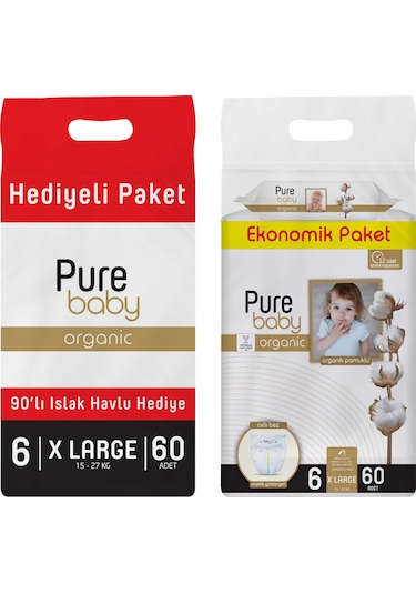 Purebaby Cırtlı Bez 6 Numara Xlarge 60 Adet + Islak Havlu