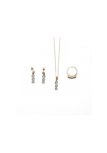 Roze Gümüş Taşlı Kadın Üçlü Set Yüzük Küpe Kolye Ucu Ve Zincir Mo