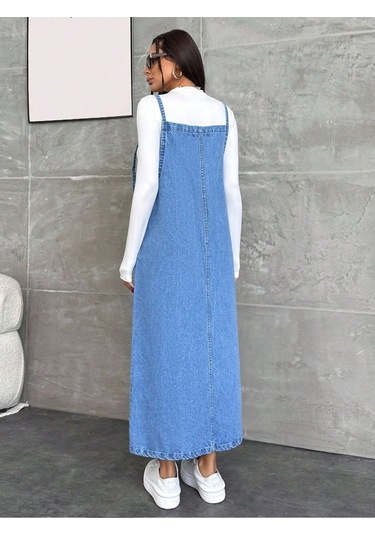 Shevega Kadın Uzun Mavi Bahçivan Askili Elbise Lacivert