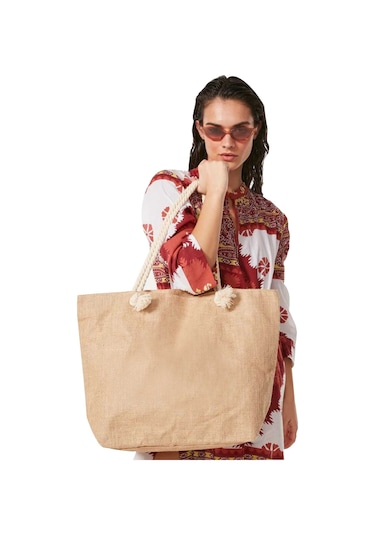 Hasır Plaj Çantası - Jüt Kumaş Plaj Çantası Açık Kahverengi