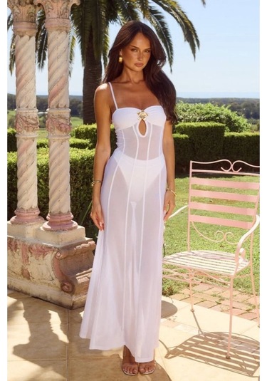 Kadın File Ve Sendy Kumaş Broş Detaylı Transparan Pareo Beyaz