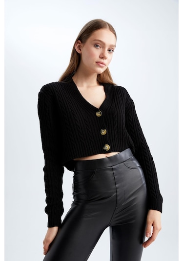 Defacto Coool Regular Fit V Yaka Hırka Siyah