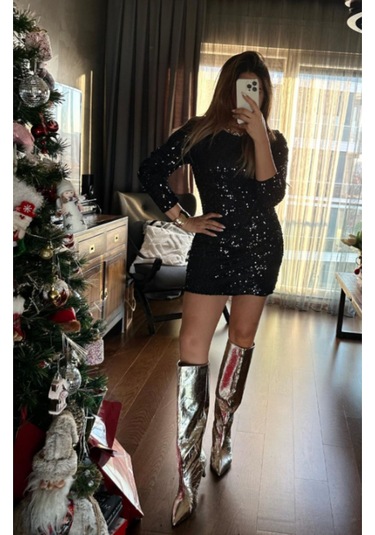 Kadife Kumaş Pul Payet Kısa Elbise Antrasit Mini Payetli Abiye Elbise Siyah Siyah