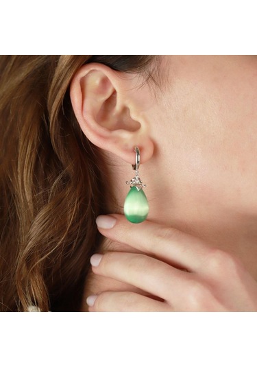 Kedi Gözü Taşlı Damla Model Gümüş Set Gümüş