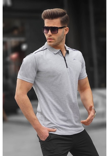 Madmext Erkek Grimelanj Basic Fermuarlı Polo Tişört 6076 Grimelanj