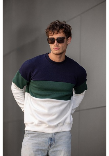 Trc 3244 Üç İplik Pamuklu Parçalı Bisiklet Yaka Erkek Sweatshirt 001