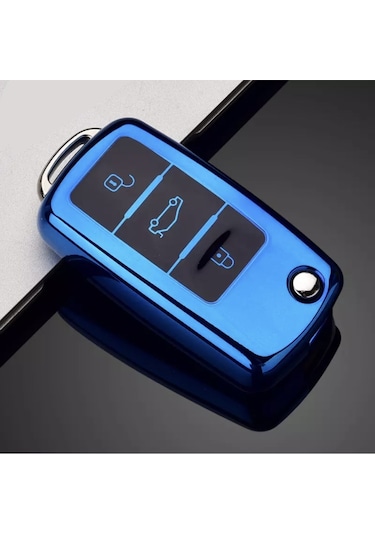 Skoda Fabia Parlak Uyumlu Anahtar Kılıfı A+ Kalite Mavi