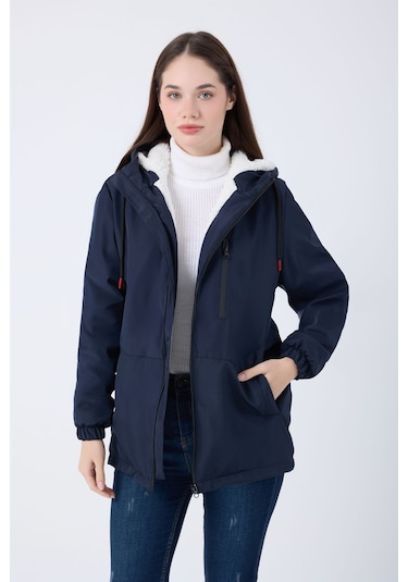 Kadın Lacivert İçi Kürklü Su Ve Rüzgar Geçirmez Kapüşonlu Kışlık Mont & Kaban & Parka Lacivert