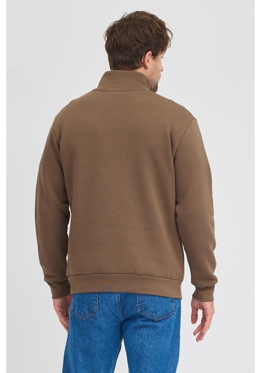 Unisex Regular Fit Rahat Kesim Pamuklu Içi Polarlı Yarım Fermuarlı Kahverengi Dik Yaka Sweatshirt Kahverengi