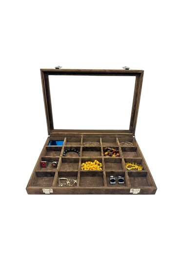 Bölmeli Takı Ve Aksesuar Kutusu Alkantara Kahve Kahverengi