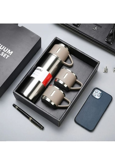 Paslanmaz Çelik Termos Silver Renk 3 Bardaklı Termos Seti Vakumlu