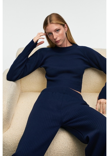 Grımelange Marıposa Kadın Yuvarlak Yaka Çizgi Desenli Crop Geniş Paça Triko Lacivert Alt-üst Takım Lacivert