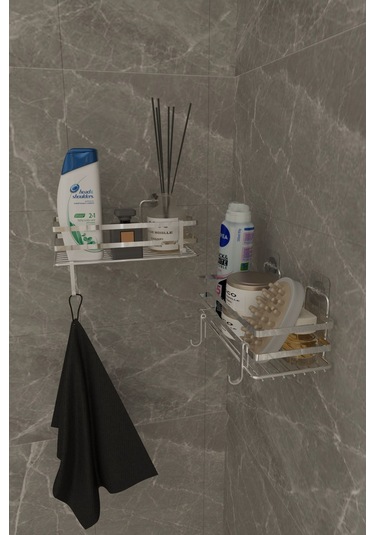 Suntel Krom Renk Yapışkanlı Kancalı 2 Adet Set Banyo Rafı Gri