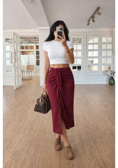 Lijuri Drape Detaylı Anvelop Etek 4089 Bordo