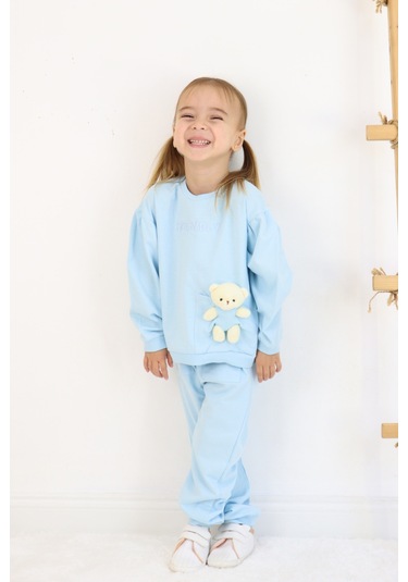 Kız Çocuk Orta Kalınlıkta Ayıcık Oyuncaklı Eşofman Takımı Mavi