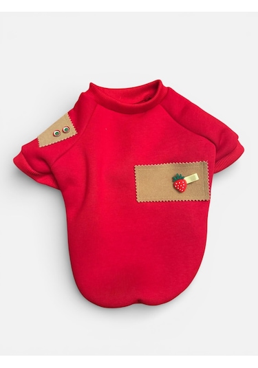 Sevimli Çilek Detaylı Kırmızı Köpek Polar Sweatshirt