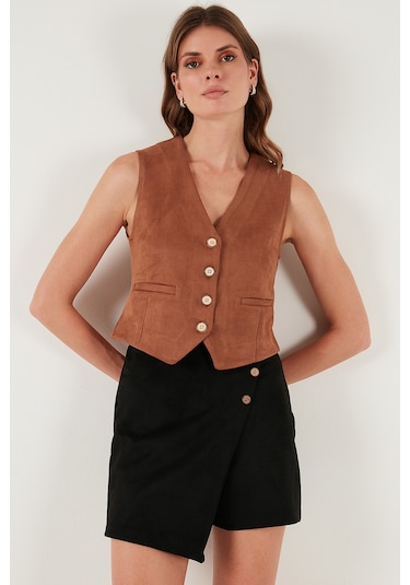 Lela Fitted Scuba Süet V Yaka Düğmeli Bayan Yelek 5865576 Kiremit