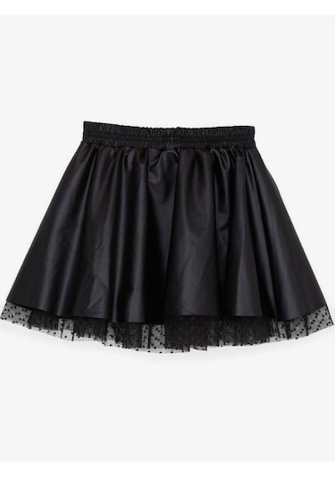 Kız Çocuk İçi Tüllü Bel Lastikli Deri Etek-15493 Siyah