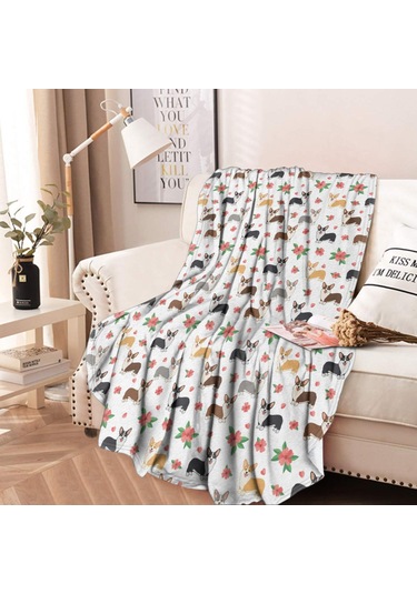 Corgi Desenli Yuvarlak Polar Battaniye, Yumuşak & Hafif, 47 İnç-a2 Corgi Floral White