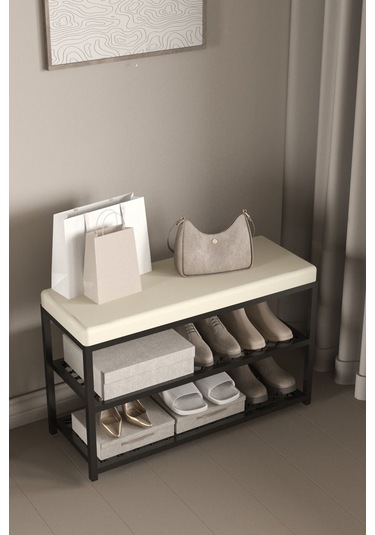 Aju Ayakkabılık Puflu Süngerli Oturaklı Metal Ayakkabı Rafı Modern Vestiyer Baklavalı Metal Tasarım Benc Krem