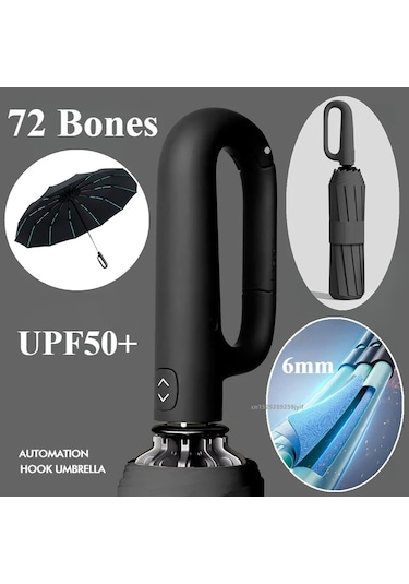 Lichen Güçlü Rüzgar Geçirmez Otomatik Şemsiye 72 Kemikleri Siyah