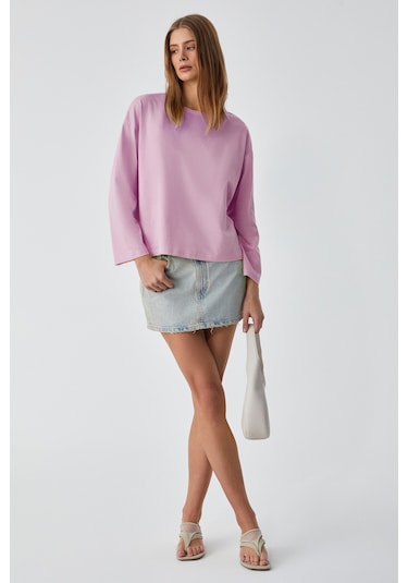 Grımelange Basıl Kadını Oversize %100 Organik Pamuk Örme Uzun Kol Pembe T-shirt Pembe