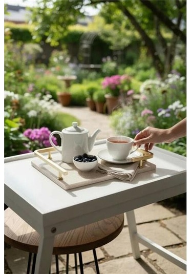 Akayev Traverten Mat Altın L Dizayn 30x20 Cm Tepsi Beyaz