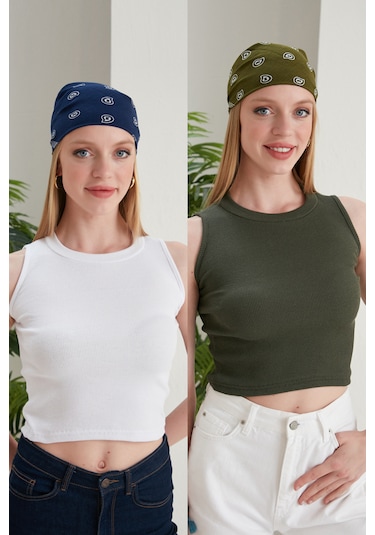 Catspy Kadın Halter Yaka 2'li Crop Bluz Atlet Beyaz - Haki
