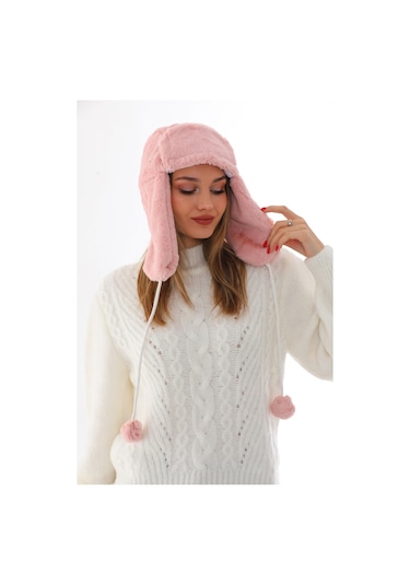 Kadın Pudra Kürklü Kulaklıklı Peluş Şapka Pudra