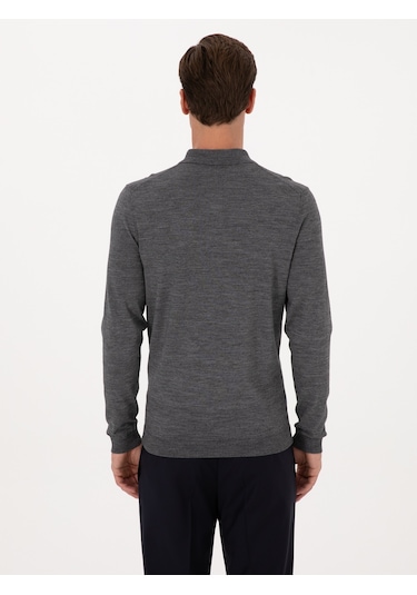 Cacharel Füme Slim Fit Yün Karışımlı Polo Yaka Basic Triko Kazak Gri