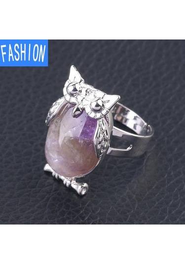 Ametist Metal Baykuş Dışbükey Doğal Kristal Kakma Ayarlanabilir Yüzük Çok Renkli