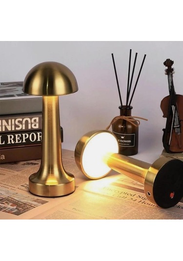 Mantar Başlı Masa Lambası Şarjlı Dokunmatik Gece Işığı Lüks Başucu Lambası Eskitme Gold