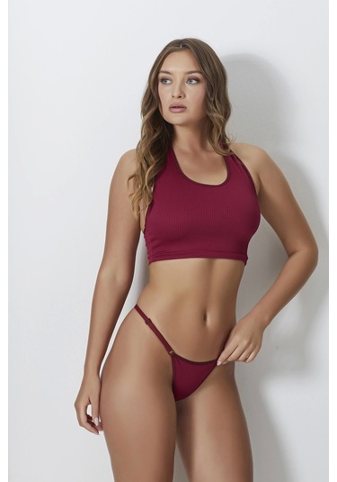 Kadın Bordo Ayarlanabilir Tanga Külotlu Büstiyer Takım Bordo