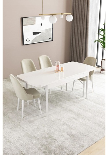 Sar Pakete Almira Serisi, Beyaz 80x132 Açılabilir Mdf Mutfak Masası Takımı 4 Adet Sandalye Krem