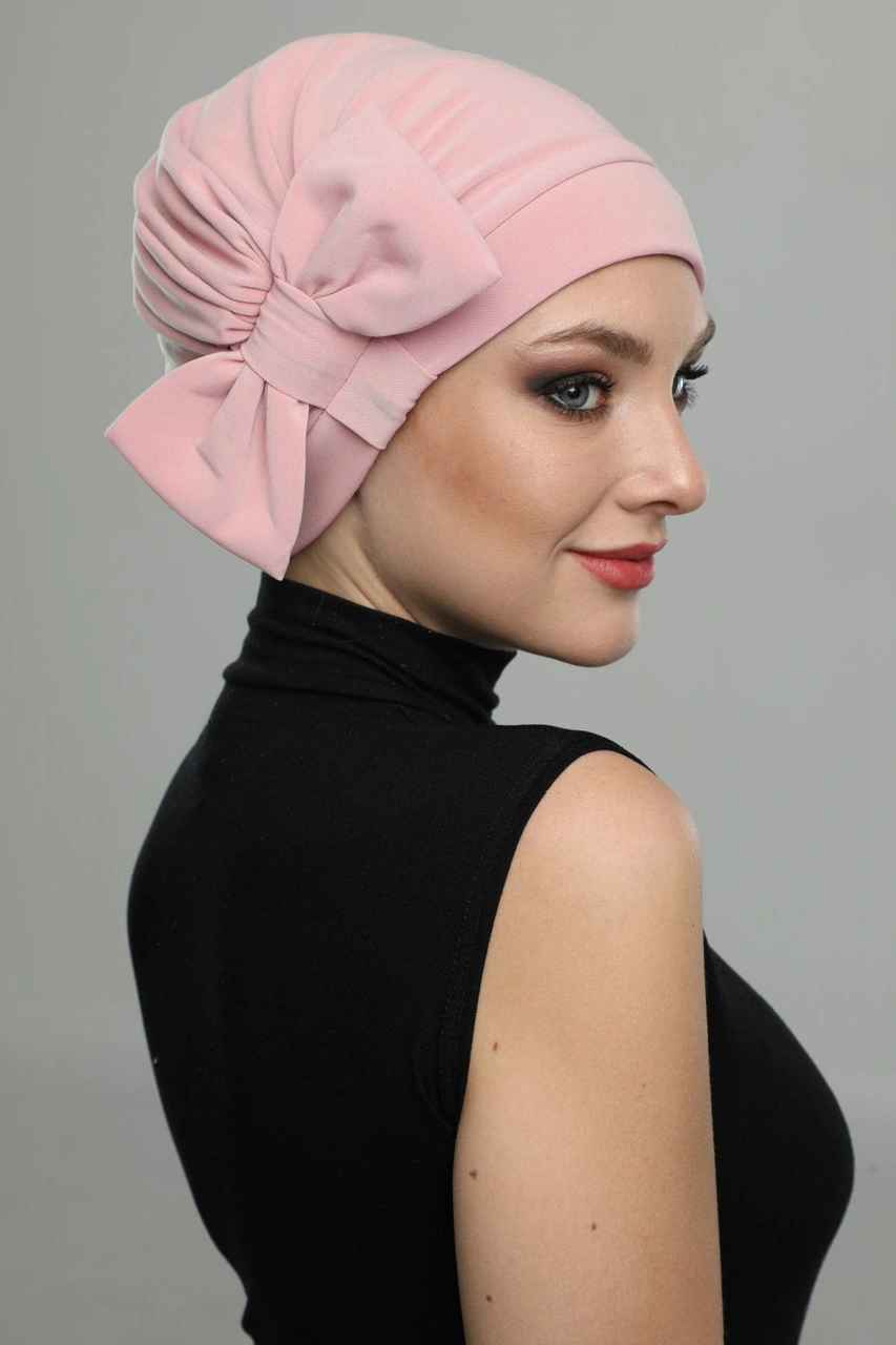 Fiyonklu Pudra Hazır Türban Tesettür Bone Pudra