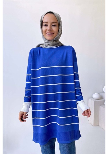 Bisiklet Yaka Çizgili Merserize Tunik - İndigo