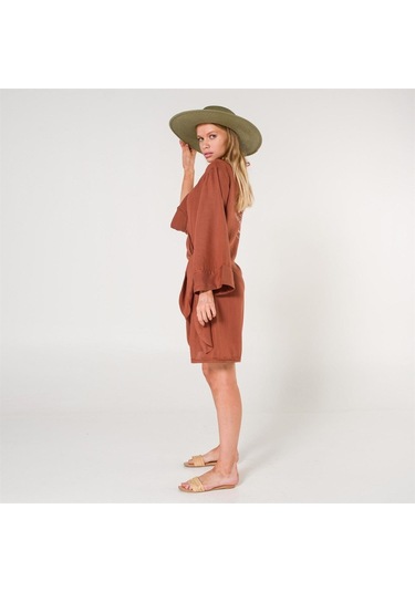 Mona Kadın Kruvaze Pul Baskılı Plaj Elbisesi Tarçın Turuncu