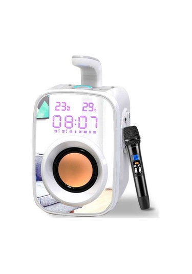 Mikrofonlu Kablosuz Bluetooth Hoparlör Kulplu, Aynalı 11w Güçlü Hi-fi Sesi, Dijital Saat Ve Fm Radyo