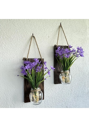 Led Işıklı, Lila Nergis Çiçekli Duvar Dekoru Ceviz İkili Set Ceviz