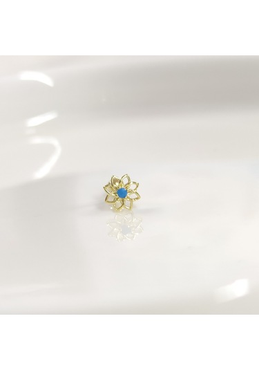 Mavi Taşlı Yıldız Çiçek Gümüş Tragus Pıercıng - Altın Sarı Beyaz