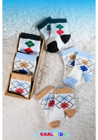 6 Çift Erkek Bebek Çorap Kutulu Patik Boy Desenli, Pamuklu Lacivert