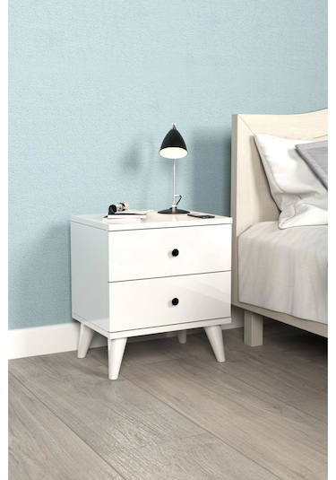 Komidin 2 Çekmeceli Beyaz Siyah Düğme Kulplu Konik Ayaklı Kurulu